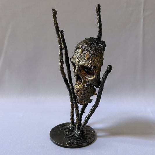 Vanité contemporaine de Philippe Buil : Sculpture tête de mort en dentelle de métal acier et Bronze