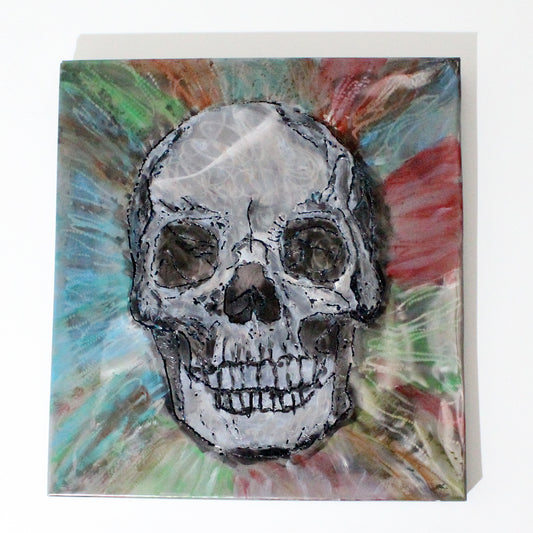 Tableau vanité crane - Sculpture murale tableau acier et encres - Buil