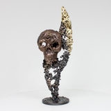 Flamme vanité 40-22 - Sculpture crane bronze sur flamme en dentelle acier et or