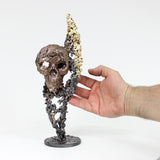 Flamme vanité 40-22 - Sculpture crane bronze sur flamme en dentelle acier et or