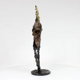 Flamme vanité 40-22 - Sculpture crane bronze sur flamme en dentelle acier et or