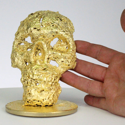 Crane CLVII - Sculpture tete de mort acier feuilles or - Buil