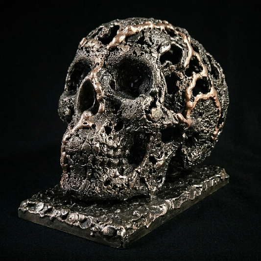 Sculpture Vanité - Crane en dentelle de métal acier et bronze de Philippe Buil