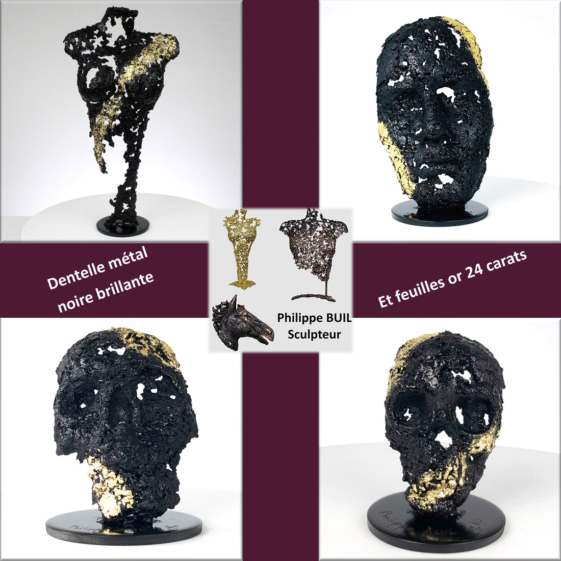 Nouvelle finition : une dentelle de métal noire brillante et des feuilles d'or 24 carats