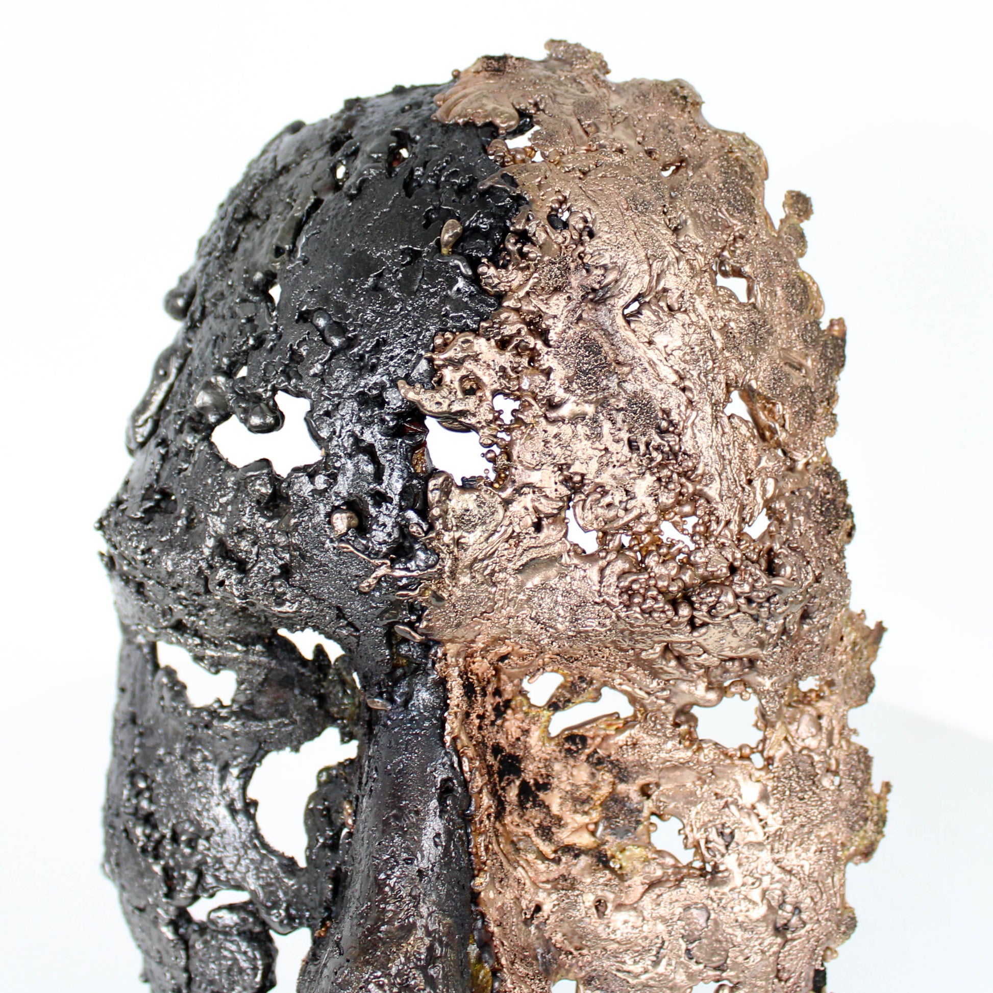 Cette sculpture représente un visage humain, créé avec une technique de dentelle de métal unique.