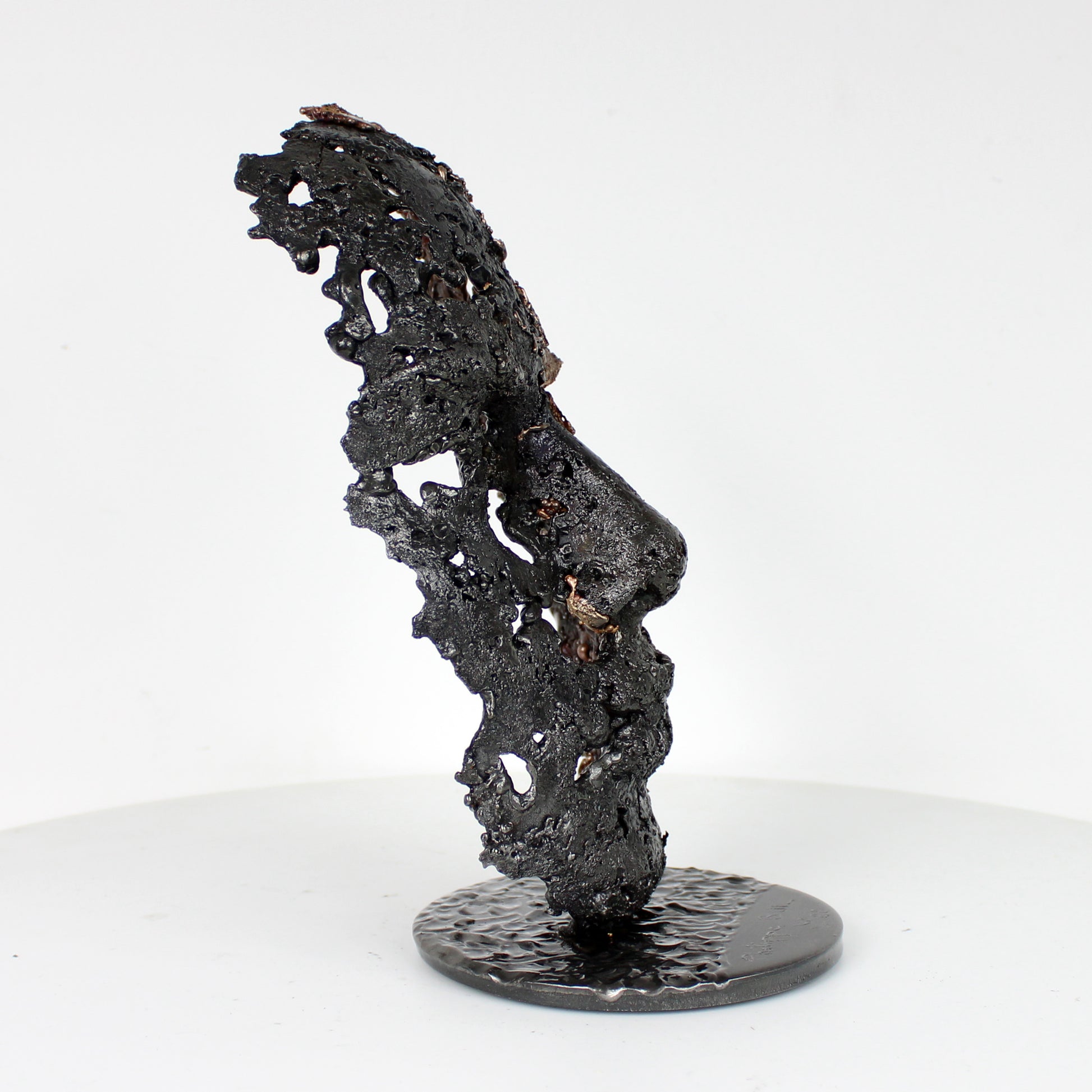 Cette sculpture représente un visage humain, créé avec une technique de dentelle de métal unique.