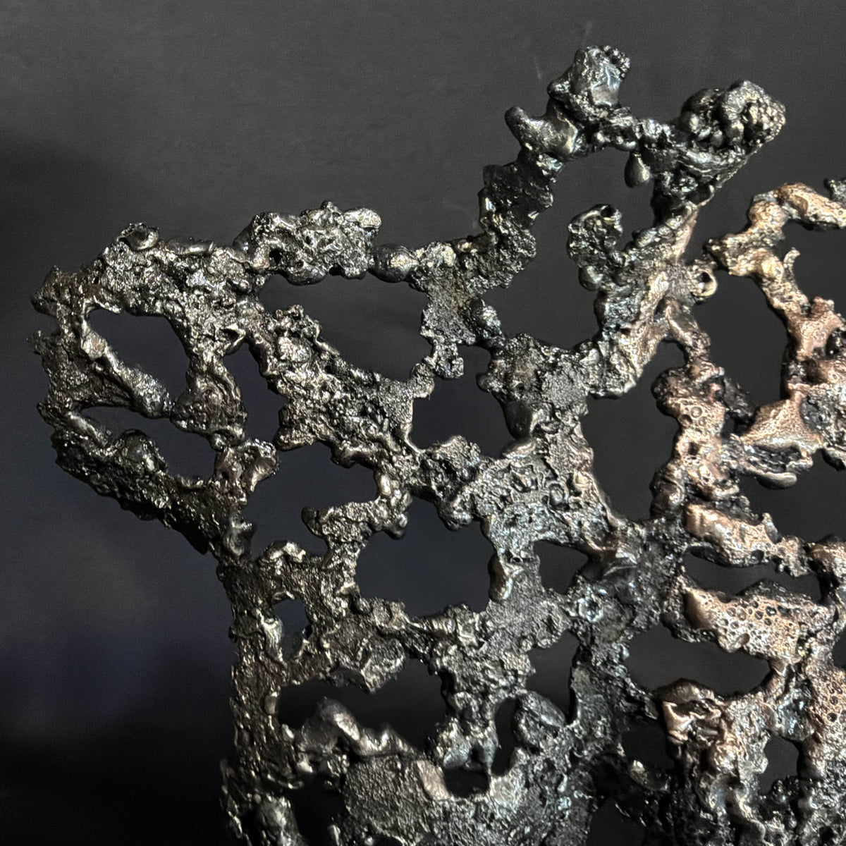 Détail de la dentelle de métal de Les Signes de Demain, montrant les ramifications et la texture de la matière.