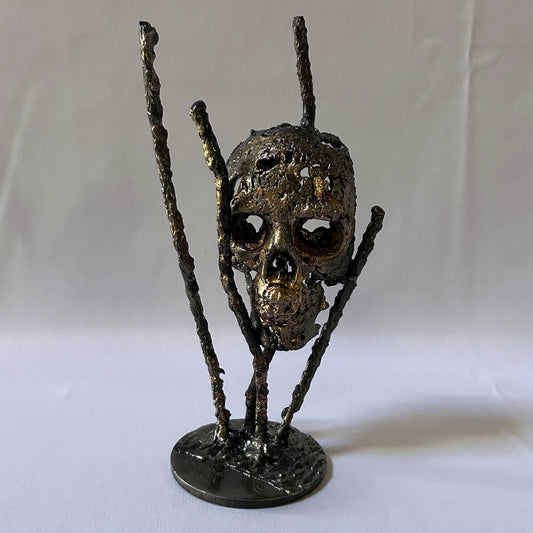Vanité contemporaine de Philippe Buil : Sculpture tête de mort en dentelle de métal acier et Bronze