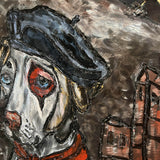 Sculpture murale en métal de Philippe Buil représentant un chien portant un béret et un foulard basque, avec pigments colorés et fond texturé sombre