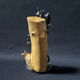 Sculpture contemporaine représentant une salamandre en dentelle de métal (acier), fixée sur un socle métallique circulaire et appuyée contre un morceau de bois naturel, œuvre de Philippe Buil, sur fond sombre.