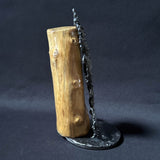 Sculpture contemporaine représentant une salamandre en dentelle de métal (acier), fixée sur un socle métallique circulaire et appuyée contre un morceau de bois naturel, œuvre de Philippe Buil, sur fond sombre.