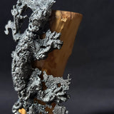 Sculpture contemporaine représentant une salamandre en dentelle de métal (acier), fixée sur un socle métallique circulaire et appuyée contre un morceau de bois naturel, œuvre de Philippe Buil, sur fond sombre.