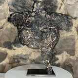 Sculpture contemporaine Belisama Le Souffle de Philippe Buil, buste de femme à taille réelle en dentelle de métal acier et bronze avec étoiles fondues, vue de face sur fond sombre.