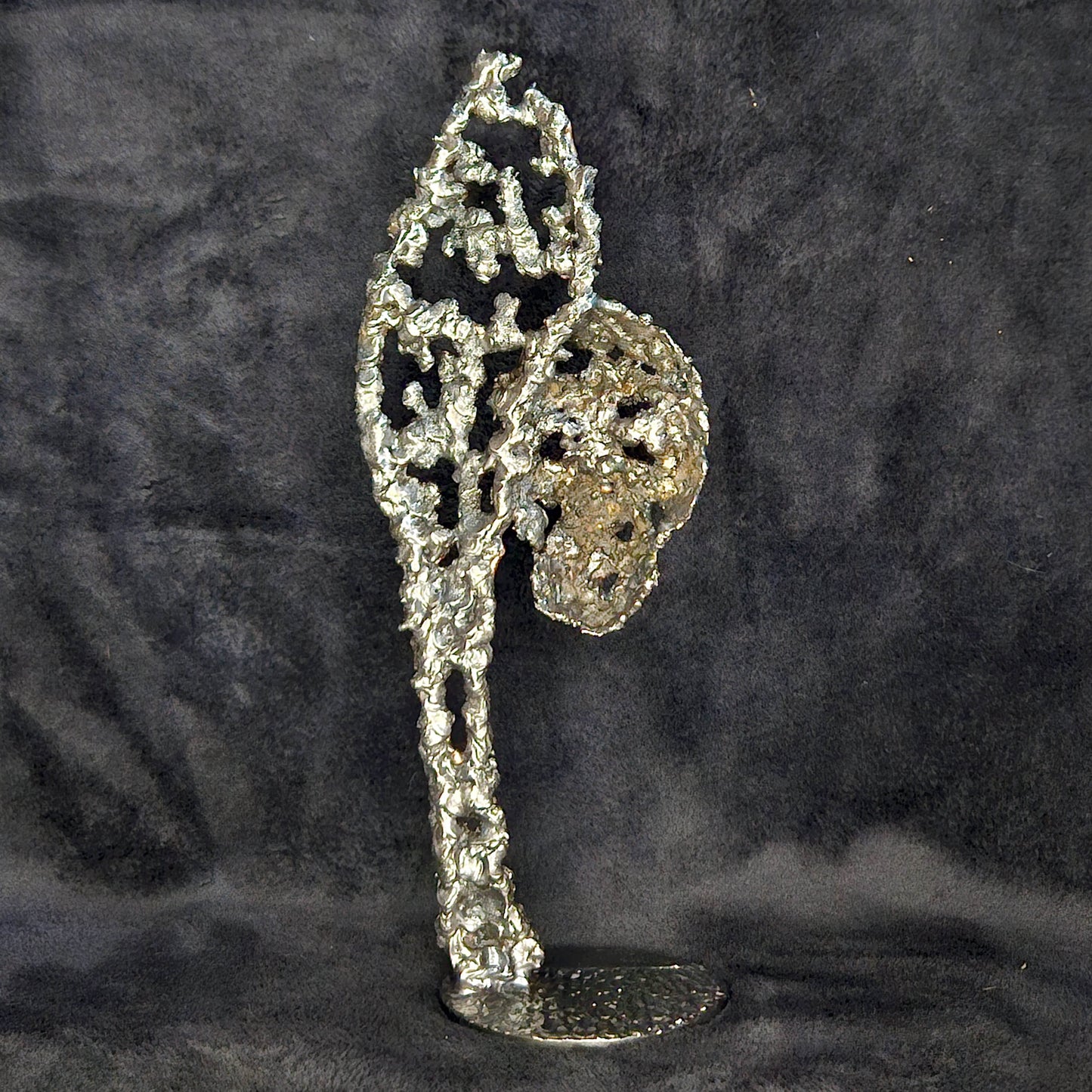 Flamme vanité 90-23 - Sculpture crane acier bronze sur flamme en dentelle métal