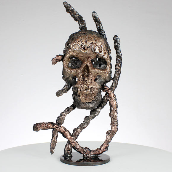 Vanité de l'alpha à l'oméga - sculpture crane metal acier bronze