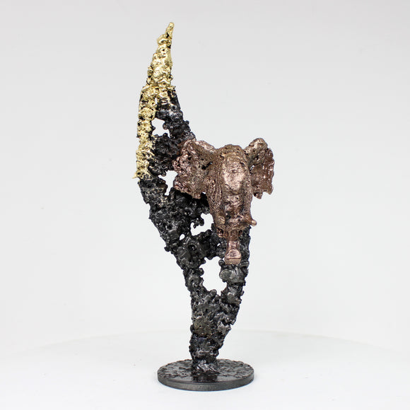 Flamme éléphant 39-22 - Sculpture tête éléphant bronze sur flamme acier et or