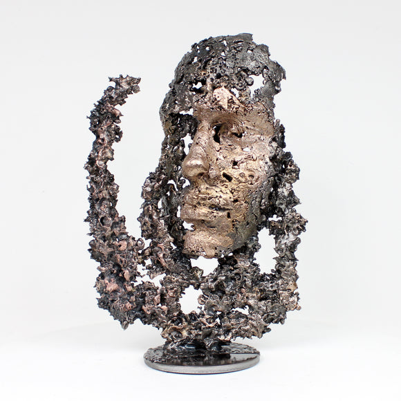 Une larme 52-22 - Sculpture visage dentelle métal Bronze et Acier