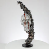Vanité 89-21 - Sculpture crane metal - Tete de mort aluminium et pigment sang sur dentelle acier bronze - Buil